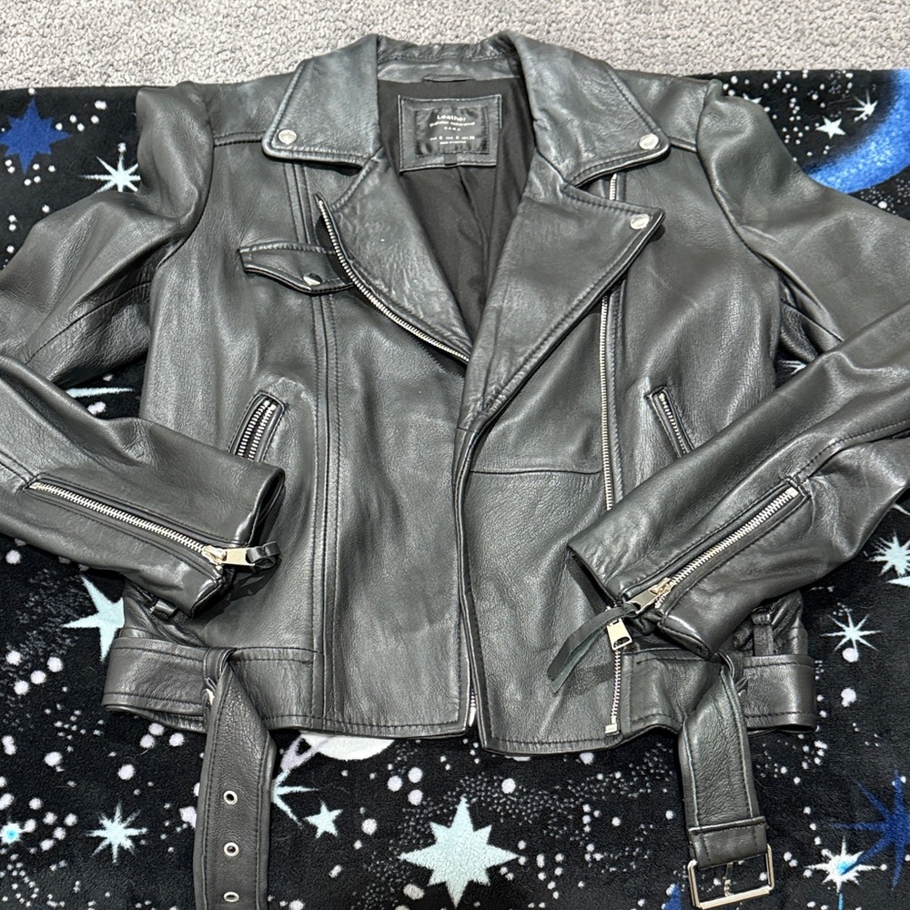 Zara Charcoal Leather Moto Jacket